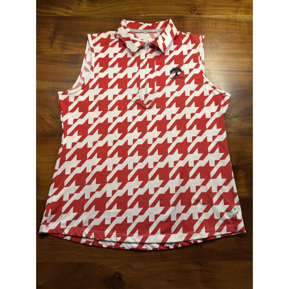 Jofit Women's Large Sleeveless Golf Tennis Polo Shirt Red White Houndstooth